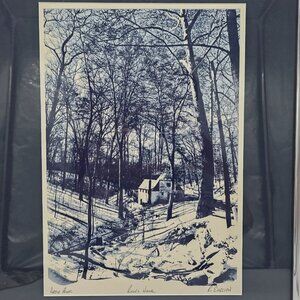 Vintage Lithograph R. Ehrlich Artist Proof Russ's Cabin Blue Silver Metal Frame